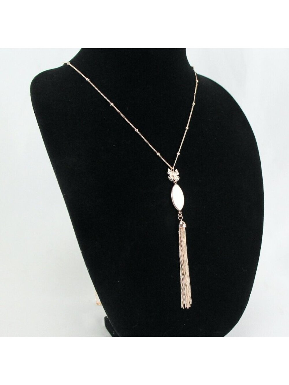 LC Lauren Conrad Long Necklace Copper Tone Crystal Butterfly Mother of Pearl Tas